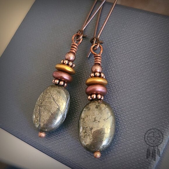 Boho Pyrite Earrings Real Gemstone Copper - Picture 2 of 12